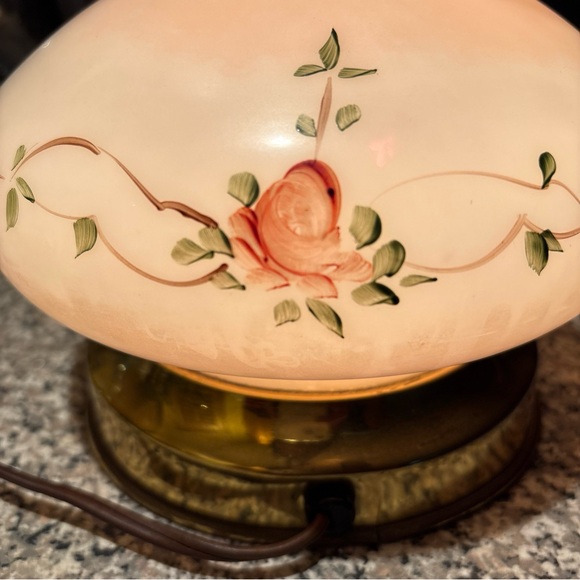 Vintage Floral White Glass Table Lamp with Pink Rose Detail • no top • works - Picture 7 of 16